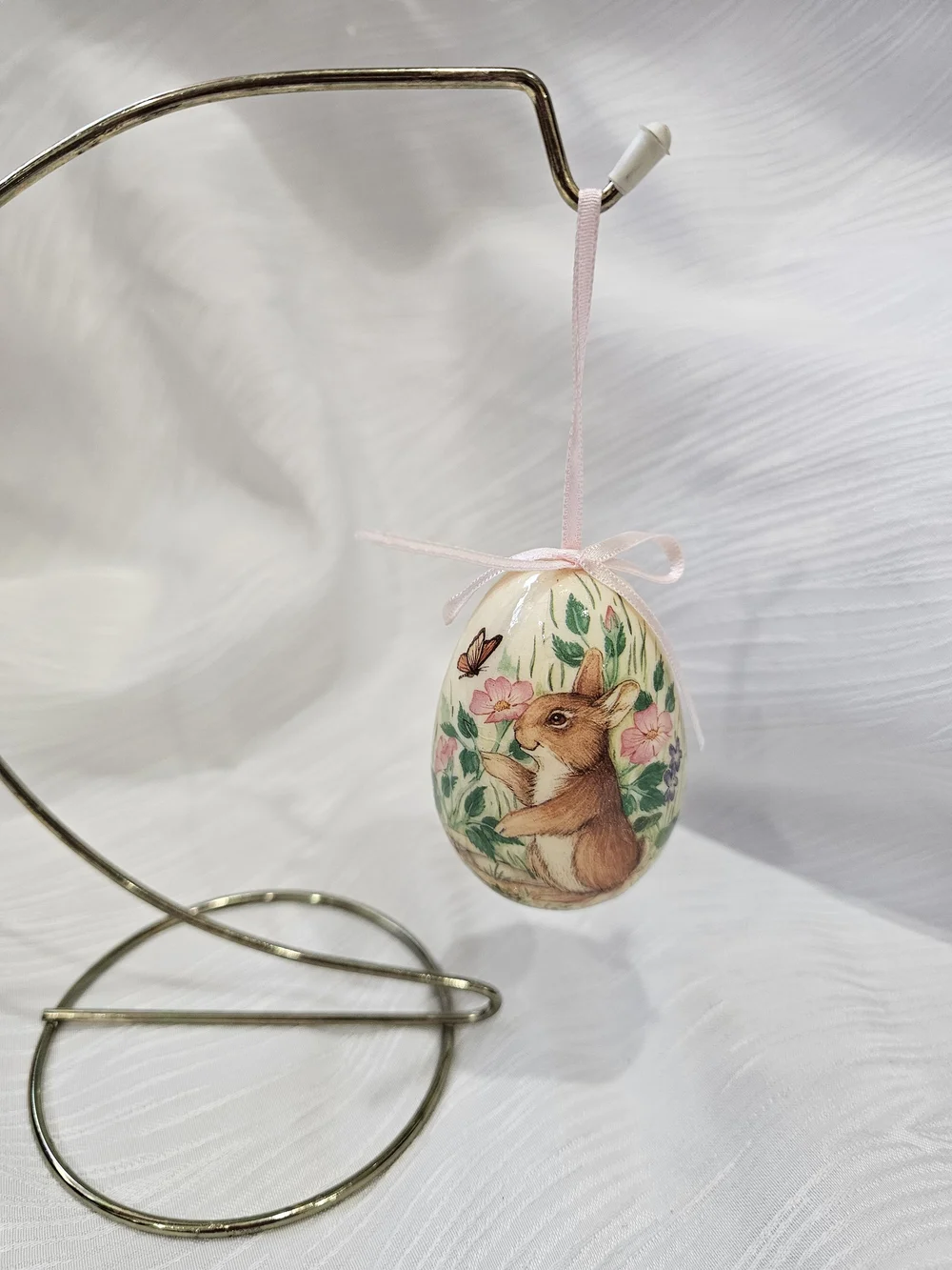 Vintage Paper Mache Bunny Floral Easter Hanging Egg Ornament - Pink Ribbon
